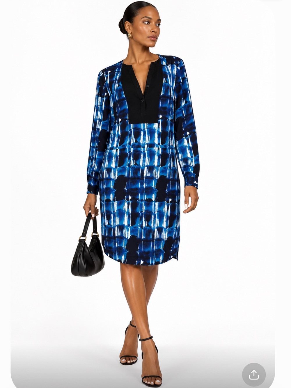 KAREN MILLEN Blue Patterned Long-Sleeve Shift Dress with Black Placket